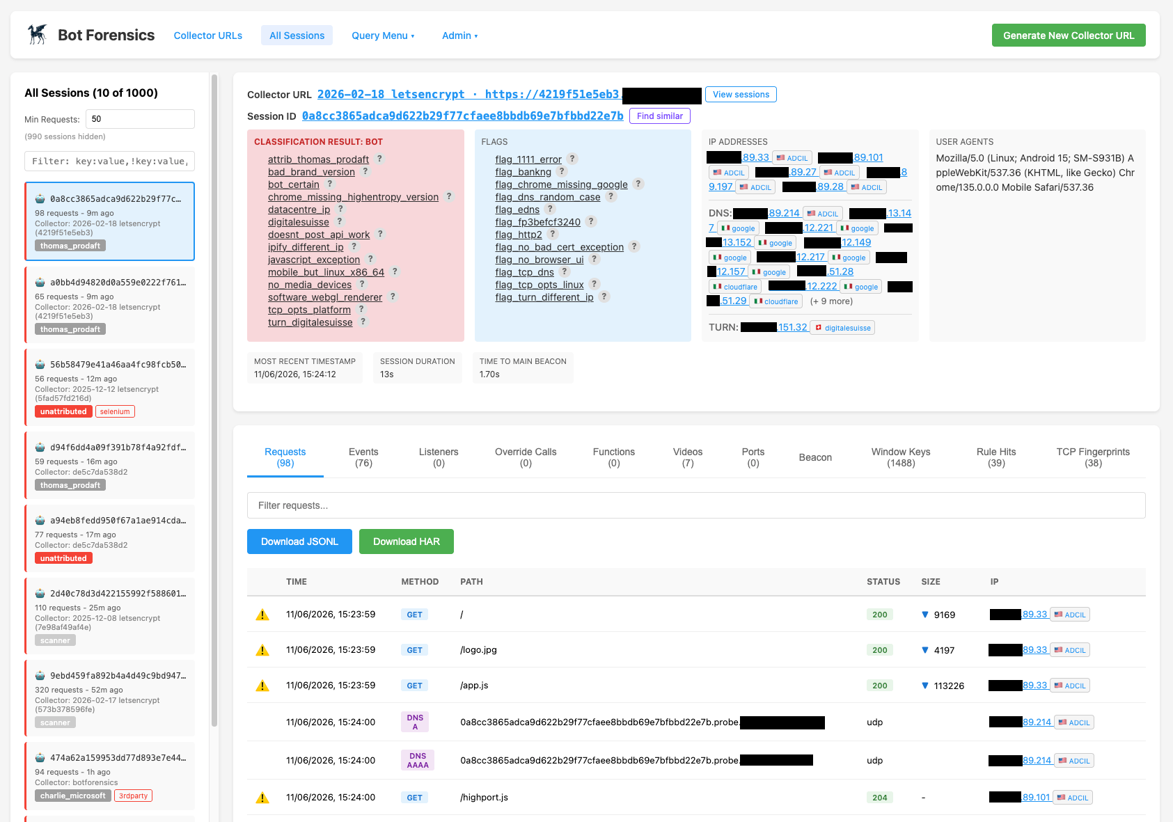 BotForensics platform showing a session classified as bot