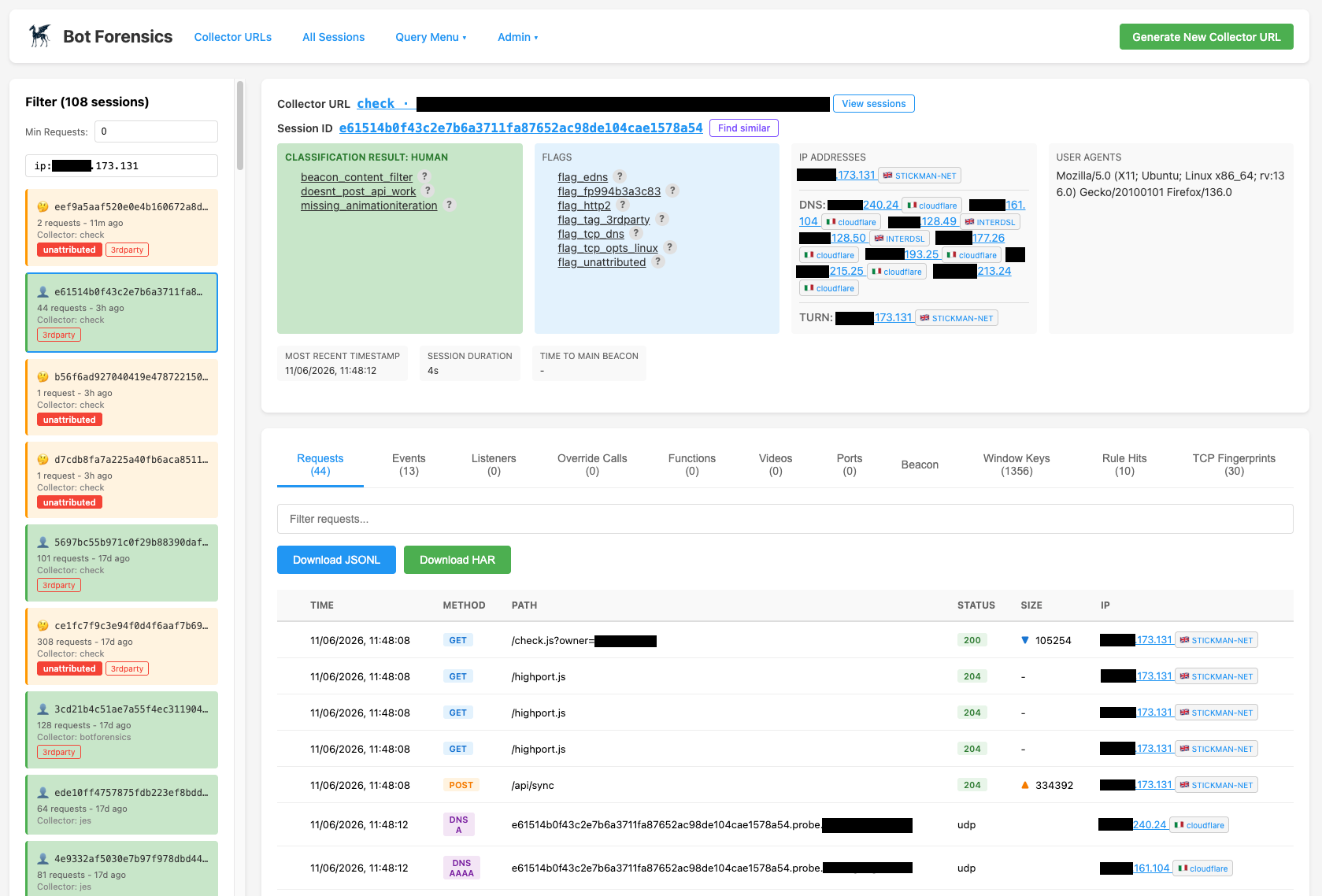 BotForensics platform showing a session classified as human